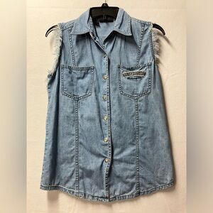 Harley Davidson Embroidered Graphic Print Sleeveless Snap Button Denim Top Small